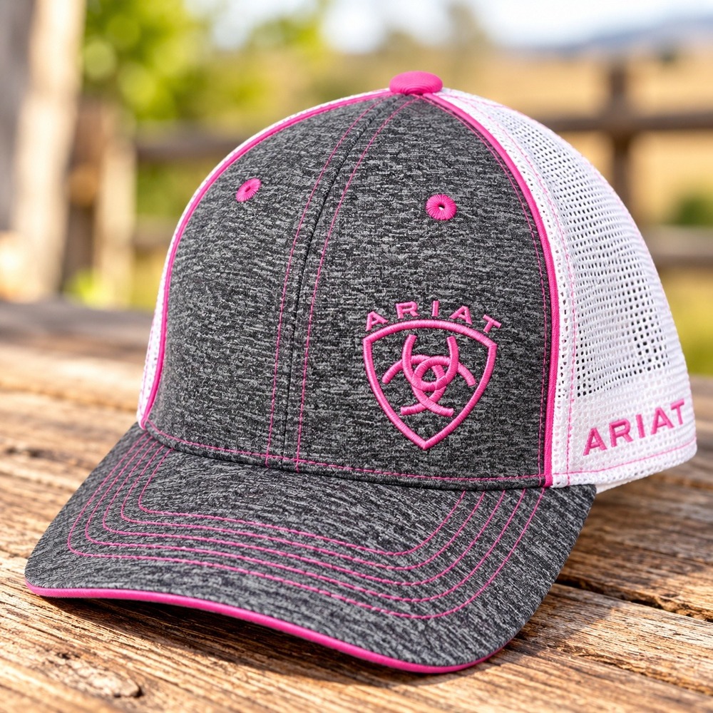 Ariat Womens Flexfit 110 Trucker Hat Heather Grey White Pink Snapback Cap